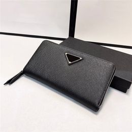 Stylish Men Long Leather Wallets Triangle Icon Designer Purses Business Style Clutch Bags Male Card Holder Coin Zipper Purse With Box
