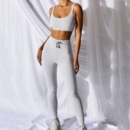 Women's Two Piece Pants Fashion Solid Color Women Set Tank Crop Top And Leggings Matching Sportswear Ladies Fitness 2pcs Activewear