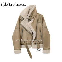 Women's Jackets CHICLAZA Winter Women Fashion Suede Thick Faux Leather Jacket Coat Female Casual Warm Lamb Wool Motorcycle Outwear 221007