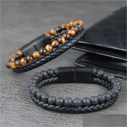 Charm Bracelets Charm Bracelet Men Mtilayer Leather Braided Rope Natural Stone Beads Stainless Steel Magnetic Clasp Bangle Punk Jewel Dhidh