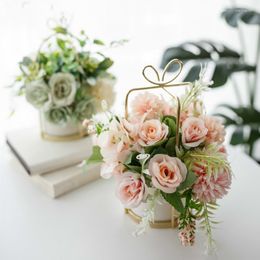 Decorative Flowers Nordic Iron Art Ceramic Vase Decoration Artificial Flower Bonsai Home Wedding Ornaments Potted