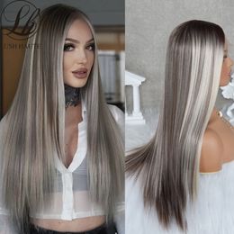 Long Straight Lace Front Wigs Ash Blonde Highlight Wig Ombre Blonde Synthetic Hair Wigs Lace Front Wigs For Women Straight Hairfactory direc