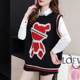 Women's Vests 3903 Black Blue Grey Sweater Vest Women Cartoon Bear Vest Waistcoat Female ONeck Sleeveless Knitted Vest Women Outerwear 221007