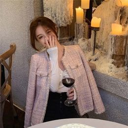 Womens Jackets Fashion Elegant Slim Short Jacket Women Graceful Style Tweed jackets Party Coat Ladies Autumn Sweet Pink Cardigan outwear 221007