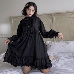 Casual Dresses Black Lolita Style Dress Women Dark Fashion Gothic Long Sleeve Loose A-Line Bow Tie Decoration Female Autumn