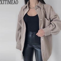 Womens Wool Blends Xitimeao 2023 Autumn Winter Fashion Woollen Coat Women Loose Shirt Coat Casual Solid Ladies Coat Solid Lapel Jacket 221007