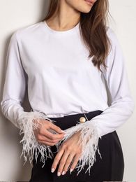 Women's T Shirts Feather Long Sleeve T-Shirts Women O Neck Basic Casual Tees Autumn Summer Y2K White Blue Shirt Sexy Ladies Fashion Tops