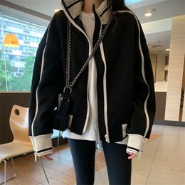 Women's Jackets Deeptown Black Women Korean Fashion Oversized Casual Harajuku Zipper Thin Fleece Coat Female Outerwear Crop Street Style 221007