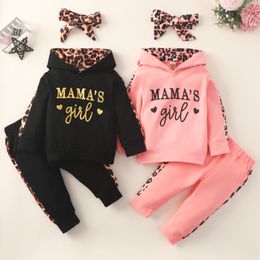 Clothing Sets 3 Pcs born Pants Set Baby Girls Leopard Letter Heart Print Long Sleeve Hooded Sweatshirt Trousers Bow Headband 221007