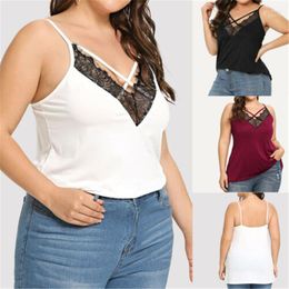 Women's Tanks 2022 Summer Women's Lady Satin Silk Cami Vest Sleeveless Tank Tops Large Size Lace Patchwork Tops1