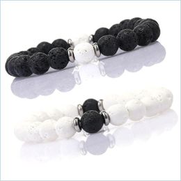 Beaded Strands 8Mm Natural Stone Lava Bracelets Bangles Yoga Nce Black White Beads Prayer Elastic Bracelet For Men Women Jewellery 6 Dhtpe