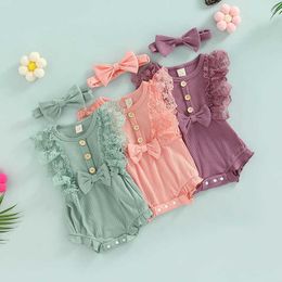 Rompers New Baby Lace Rompers Summer Cotton Newborn Bodysuits Baby Girls Sleeveless Jumpsuits Headband Baby Clothes 018 Months J220922