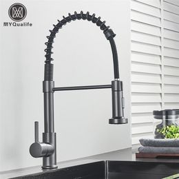 Kitchen Faucets Silver Grey Sink Faucet One Handle Spring and Cold Water Tap Deck Mounted Bathroom Matte black Crane 221007