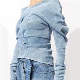 Womens Jackets autumn niche temperament oneshoulder washed and old longsleeved tops allmatch slim casual blue denim jacket women 221007