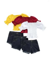 Clothing Sets Children Solid Colour Clothes Set Girls Long Sleeve Off-shoulder Tops Short Jeans With Pocket 1-6T