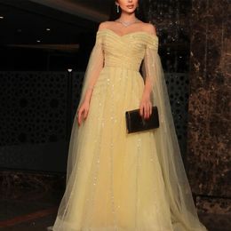 Luxury Cape Sleeves Prom Dresses Beaded A Line Arabic Dubai Evening Gown Off the Shoulder Tulle Formal robe de soiree