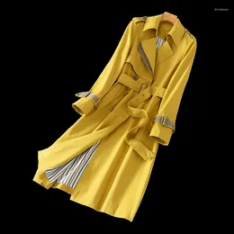 Women's Trench Coats Yellow Contrast Colour Windbreaker Female Autumn Product Medium Long Slim Slimming Wild Brand Coat Women's