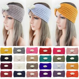 Pearl Beaded Knitted Headband Autumn Winter Woolen Knitting Turban Headwrap Women Ear Warmer Girls Solid Color Hair Accessories