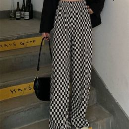 Womens Pants Capris HOUZHOU Korean Fashion Black White Plaid Pants Women Harajuku Wide Leg Checkerd Trousers For Female Streetwear High Wiast Jogger 221007