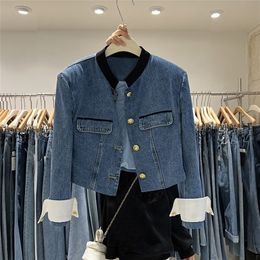 Kvinnor jackor Kvinnor Stylish Short Denim Jackets Autumn Blue Standup Neck Single Breasted White Long Sleeve Cowped Cowboy Coat Female 221007