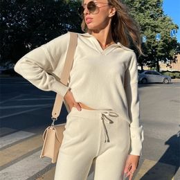 Womens Two Piece Pants 2 Pieces Set Women oversize Tracksuit polo collar Sweater Pullover straight pants Sweater Set CHIC Knitted Outwear sweater suit 221007