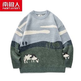 Men's Sweaters Nanjiren men Clothing Breathable Pullovers Warm Daily Casual O-neck Animal Print Long Sleeves Cotton Thin Sweater 221007