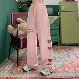 Womens Pants Capris HOUZHOU Harajuku Pink Pants Streetwear Women Oversize High Waist Wide Leg Trousers Embroidery Aesthetic Loose Korean Fashion 221007