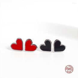 Stud Earrings LKO 925 Sterling Silver Enamel Black Red Love-Heart For Women Girl Romantic Wedding Party Accessories Jewellery Gift