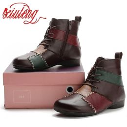 Stivali Xiuteng 2022 Autunno Inverno Vera Pelle Retro Punta Rotonda allacciatura Alla Caviglia Tacco Basso Tutti I Match Scarpe Da Donna Taglia 3541 221007