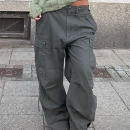 Womens Pants Capris Vintage Cargo Pants Baggy Jeans Women Fashion 90s Streetwear Pockets Overalls ArmyGreen High Waist Loose Y2k Denim Trousers 221007