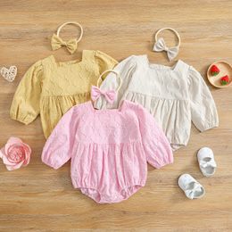 Rompers Baby Girl Spring Autumn Clothes Long Sleeve Square Neck Solid Romper Jumpsuit Playsuit And Headband Newborn Clothes J220922