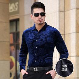 Men's Casual Shirts High Quality Winter Mens Thick Velvet Clothes Fashion Floral Gold Shirt Male Long Sleeve Warm Dress