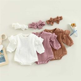 Rompers 024 Months Baby Knitted Rompers Autumn Girls Boys Jumpsuit Newborn Clothes Girls Ruffle Solid Romper Headband Outfit J220922