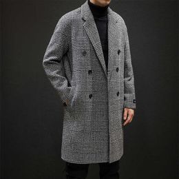 Men's Fur Faux Fur YASUGUOJI Casual Double Breasted Mens Wool Overcoat Winter 2022 Houndstooth Jacket Men Turn-down Collar Long Woollen Wind Coat T221007