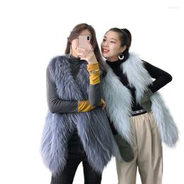 Women's Fur 2022 Winter Fashion Women Raccoon Vests Sleeveless Thick Warm Strip Sewed Toghter Long Real Gilets Vest Waistcoats