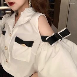 Women's Blouses Women's & Shirts Fashion Designer High Style Blouse Women Bow Flare Sleeve Off Shoulder Button Decoration Shirt Tops