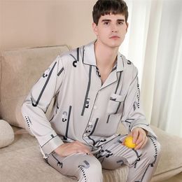 Men's Sleepwear Trendyol Print Silk Pajamas Pijama Sets Spring Summer Thin Satin Long Sleeve Sleep Tops Elastic Waist Soft Pajama for Men 221007