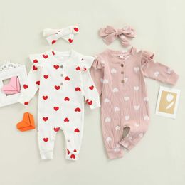 Rompers 018M Newborn Baby Girls Clothing Costumes Knitted Long Sleeves Heart Print Romper Jumpsuit Headband Clothing J220922