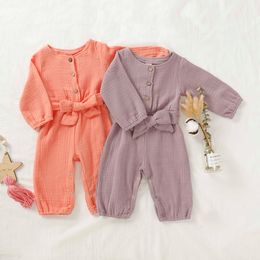 Rompers Spring Autumn Newborn Baby Girl Long Sleeve Jumpsuit Solid Color Round Neck Bow Belt Romper Cotton Linen Playsuit Outfit J220922