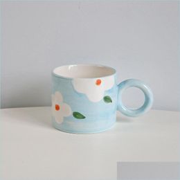 Cups Saucers Korea Ins Hand-Painted Flower Mug Ceramic Coffee Cups And Saucer Set Breakfast Milk Cup Household Water Drop Delivery 2 Dhn9D