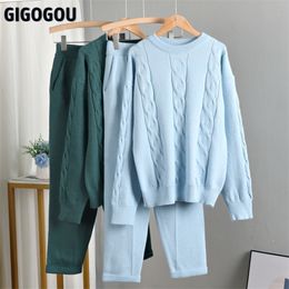 Womens Two Piece Pants GIGOGOU Autumn Winter Women 2 Piece Pants Sets Women Crop Top Cable Twist Sweaters Cashmere Sport Knitted Tracksuits 221007