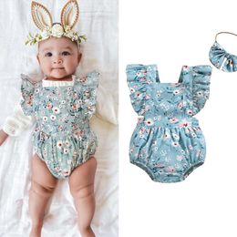 Rompers Summer Baby Girl Clothes Flower Print Short Sleeve Romper Newborn Baby Girls Jumpsuit Baby Headband Clothing Outfits J220922