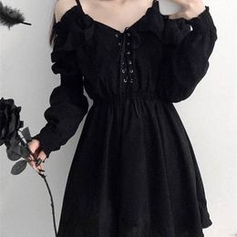 Casual Dresses JMPRS Large Size Gothic Women Black Mini Dress Sexy Off Shoulder High Waist Tunic Ladies Party Dress Long Sleeve V Neck Vestidos 221008