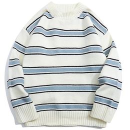 Mens Sweaters Striped Harajuku Oversized Sweater Autumn Japanese Style Round Neck Spliced Color Loose Couples Hip Hop Knitted Sweater 221007