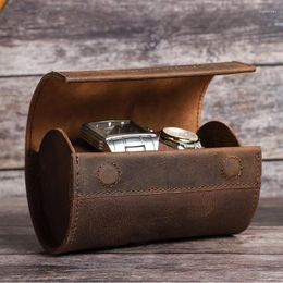 Watch Boxes Retro 2 Slot Portable Storage Box Organizer Round Magnetic Buckle Leather Couple Roll Brown