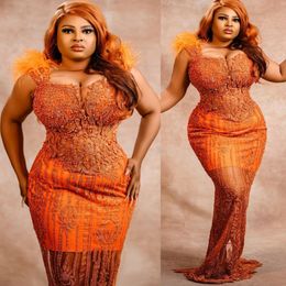 2022 Arabic Aso Ebi Mermaid Orange Prom Dresses Lace Beaded Evening Formal Party Second Reception Birthday Engagement Gowns Dress ZJ0145