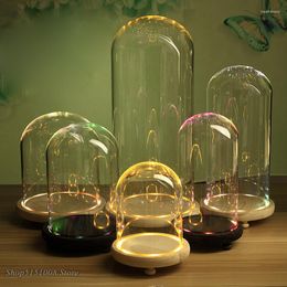 Night Lights Modern Glass Dome Cloche Cover Decor Dry Flower Ornaments Handmade Craft Jar Wood Color Base With Feet LED Light