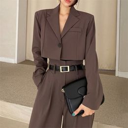 Womens Two Piece Pants Office Lady Blazer Suits Vintage Two Piece Set Women Long Sleeve Short Blazer High Waist Wide Leg Long Pants 2 Piece Outfits 221007