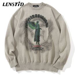 Mens Sweaters LENSTID Men Hip Hop Knitted Jumper Sweaters Angel Lightning Printed Streetwear Harajuku Autumn Oversize Hipster Casual Pullovers 221008