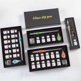Fountain Pens 3/7/15 Pcs Glass Set 7ML Colours Ink Floral Crystal Dip Gifts Box Writing Drawing Stationery School Art Supplies 221007